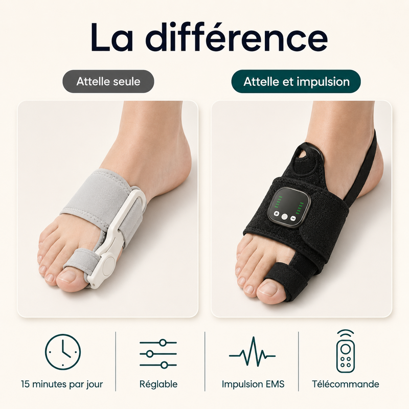La difference entre une attelle passive seule et le Halluvia, attelle et impulsion EMS