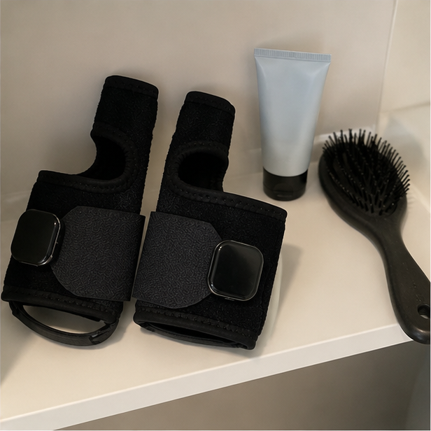 Das Gerät auf einem Badezimmerregal neben Handcreme und Bürste