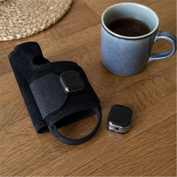 Das Gerät und die Fernbedienung auf einem Küchentisch neben einer Tasse