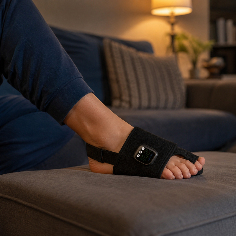 Le Halluvia porte le soir, pied pose sur un repose-pieds