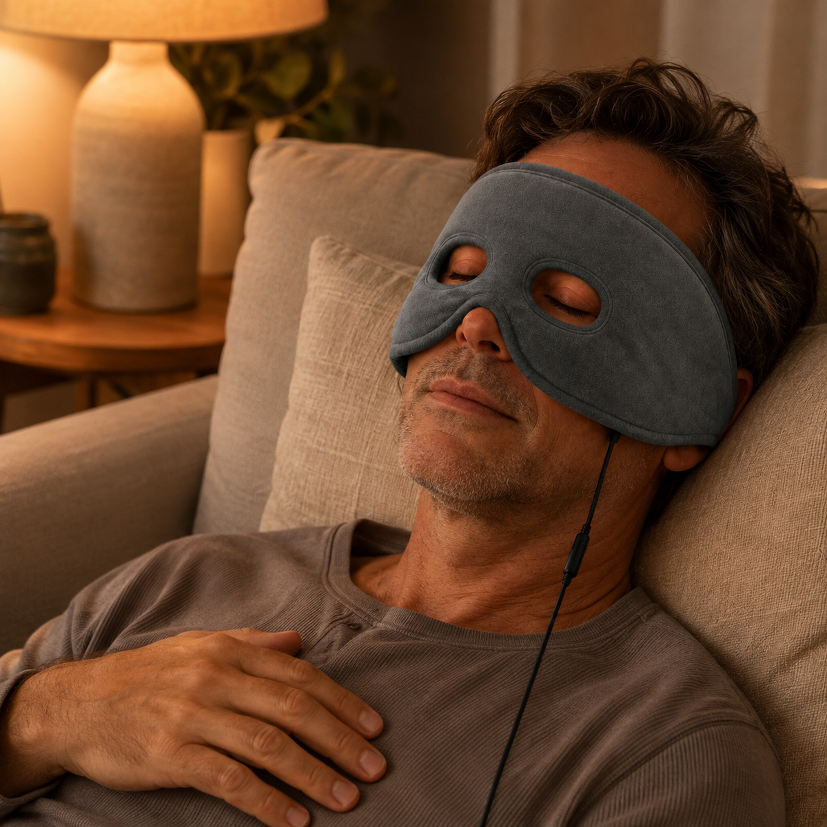 Mann liegt abends entspannt auf dem Sofa und trägt die ThermoRelief Wärmemaske