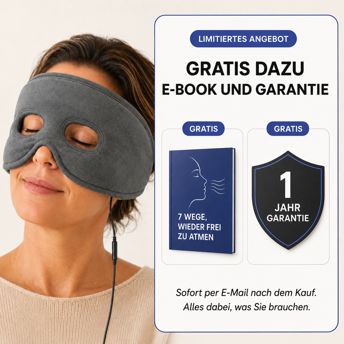 Das gratis E-Book „7 Wege, wieder frei zu atmen“ neben der ThermoRelief Wärmemaske