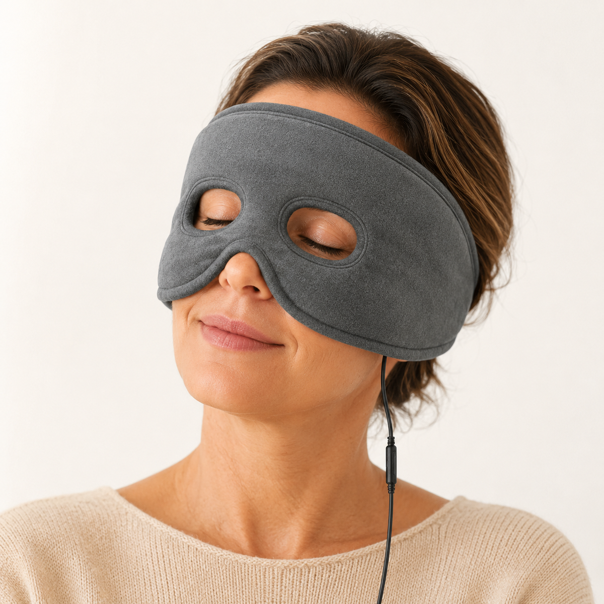 Frau mit geschlossenen Augen trägt die graue ThermoRelief Wärmemaske über Augen und Nebenhöhlen