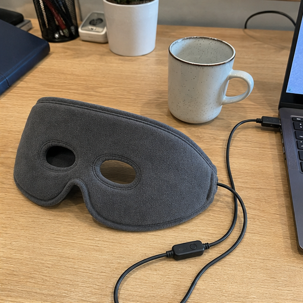 Die Maske auf einem Schreibtisch, per USB am Laptop angeschlossen