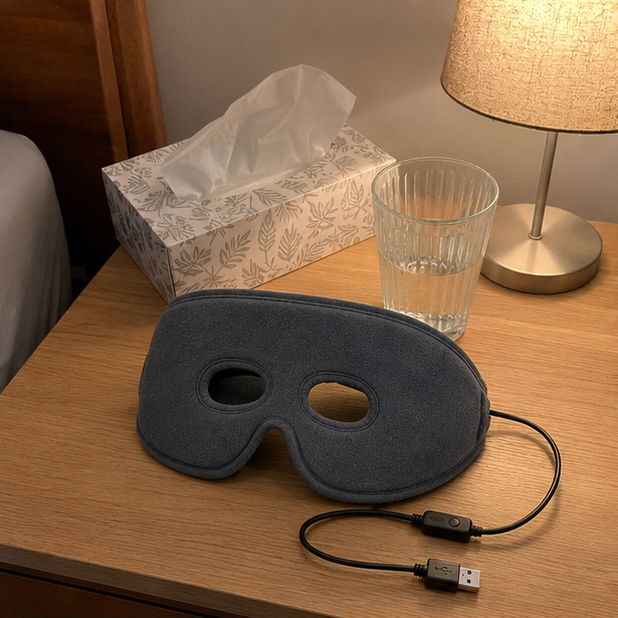 Die Maske auf einem Nachttisch neben Taschentüchern und einem Glas Wasser