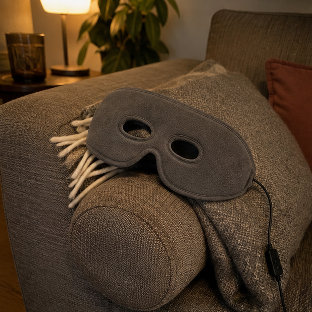 Die ThermoRelief Wärmemaske auf einer Sofalehne