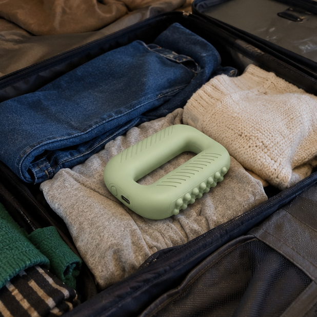 L'appareil emballé dans une valise ouverte, au milieu des vêtements