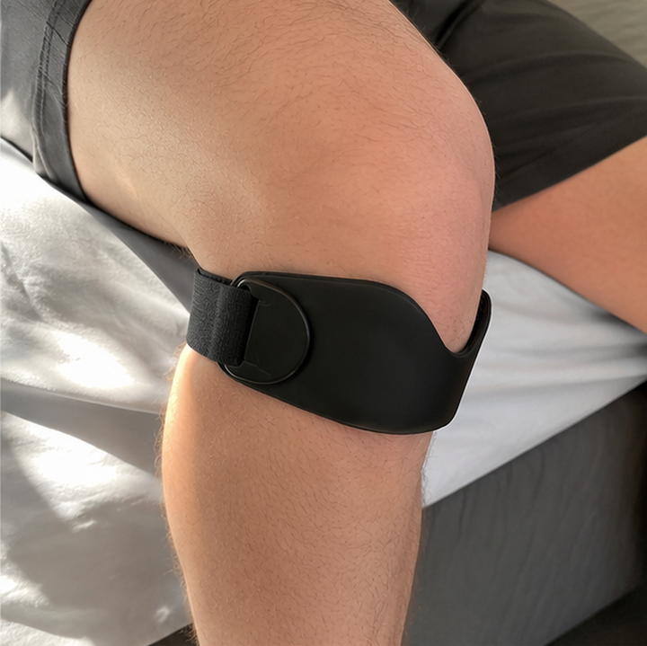 Ein Knie mit dem Band auf einer Bettkante