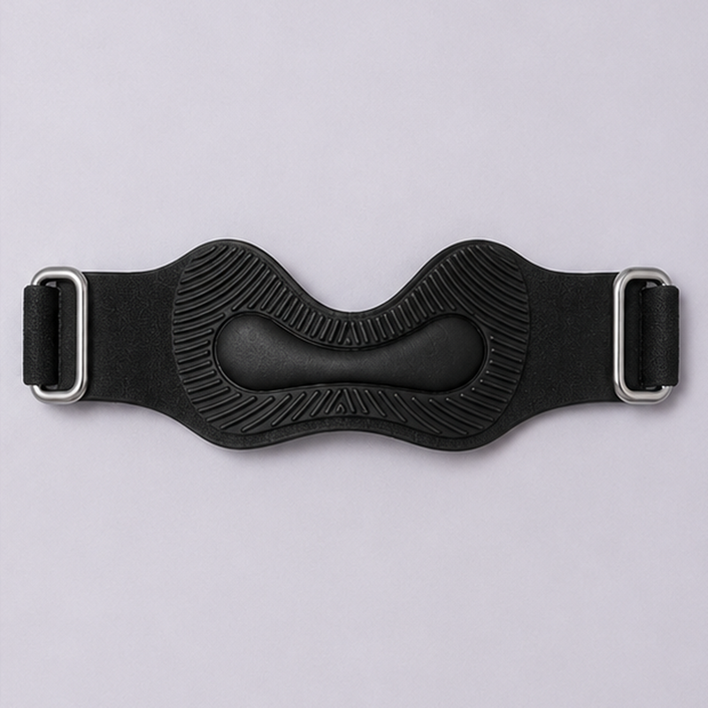 La face interne : silicone strie, coussin en relief et deux boucles metal